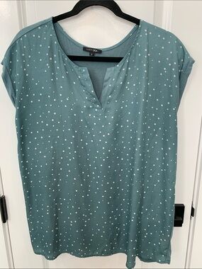 Papermoon Teal Dot Split-Neck Short Sleeve Blouse